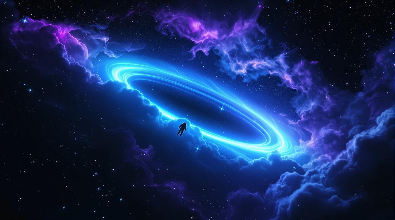 电影搞笑科幻影视导航站主视觉，深空中发光的虫洞与星云
